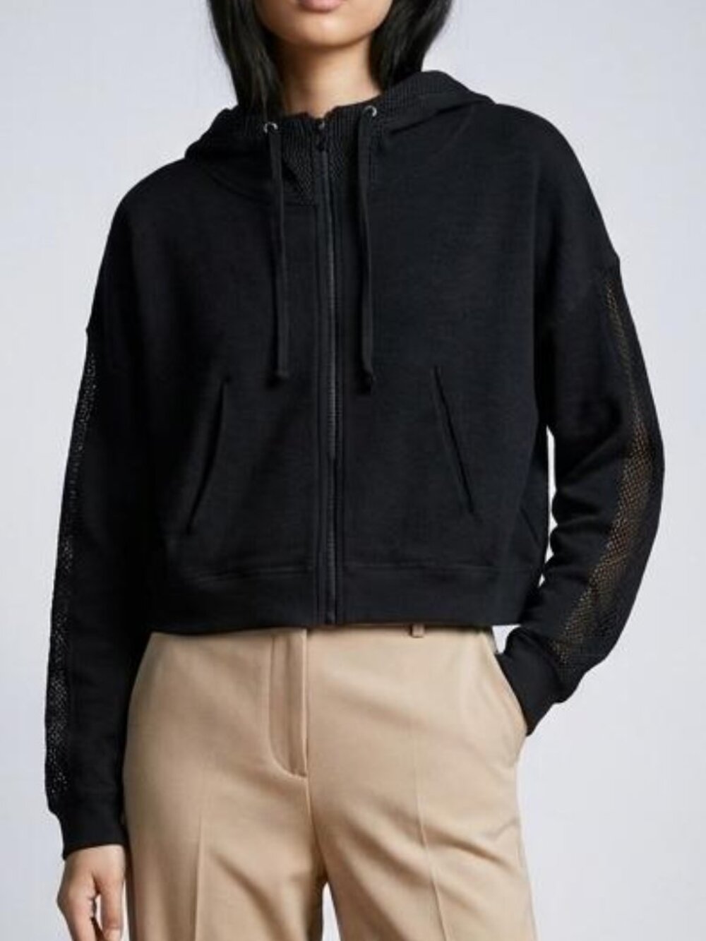 Zara Black Mesh Panel Cropped Full-Zip Hoodie